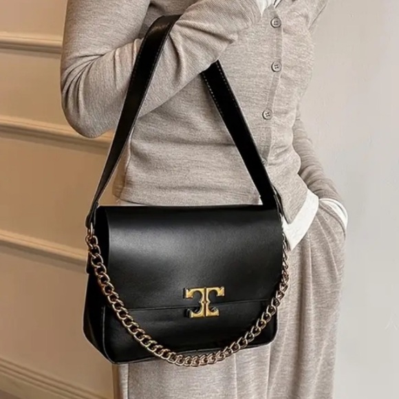 New Designer Inspired Vegan Faux Leather Shoulder Bag Golden Chain Strap NWT - Picture 15 of 15